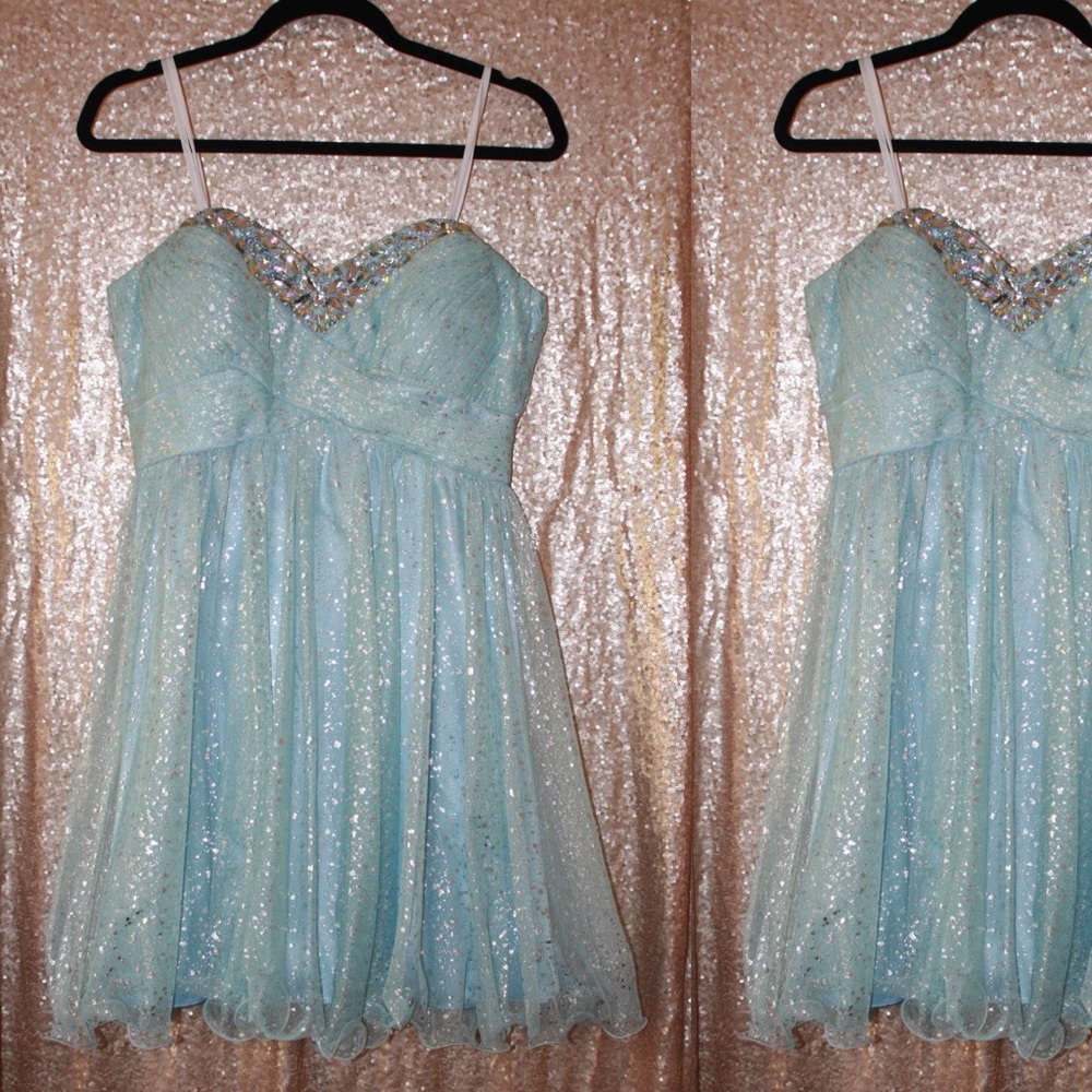 XSCAPE Short Strapless Fairy Prom Dress